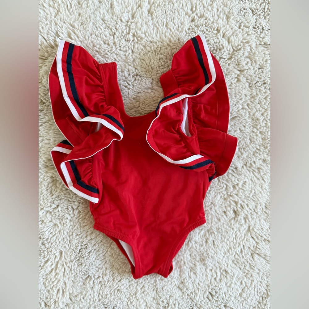 Janie and Jack Red Flutter Sleeve Bathing Suit - 3-6 months